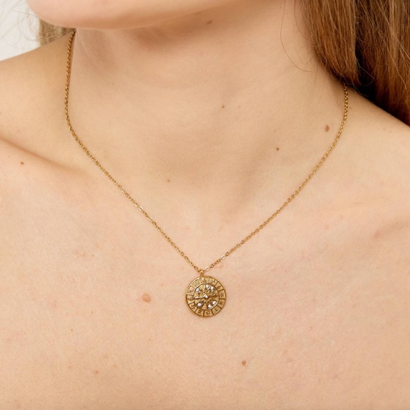 18K GOLD PLATED STAINLESS STEEL "ZODIAC WHEEL" NECKLACE - Picture 2 of 2